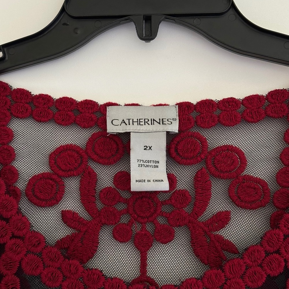 Catherines Red Black Mesh Embroidered Floral Top 2X  Boho Long Sleeve Blouse - Picture 4 of 6